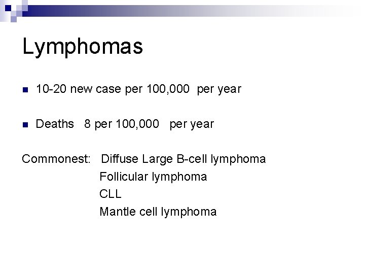 Lymphomas n 10 -20 new case per 100, 000 per year n Deaths 8