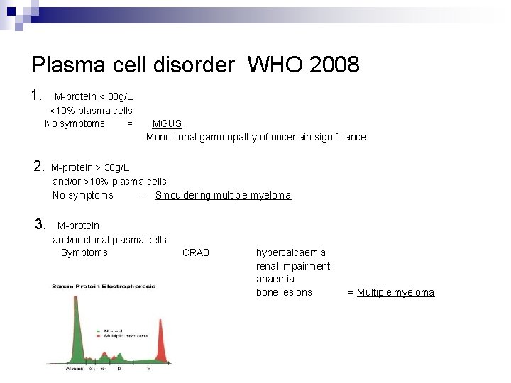 Plasma cell disorder WHO 2008 1. M-protein < 30 g/L <10% plasma cells No