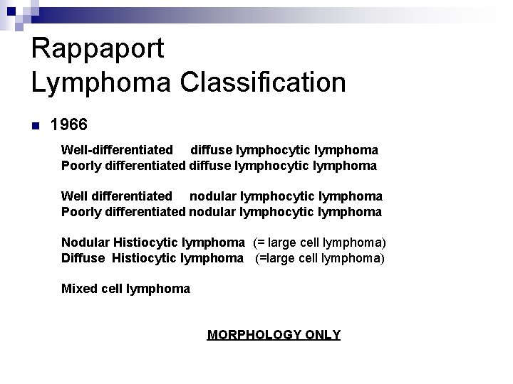 Rappaport Lymphoma Classification n 1966 Well-differentiated diffuse lymphocytic lymphoma Poorly differentiated diffuse lymphocytic lymphoma