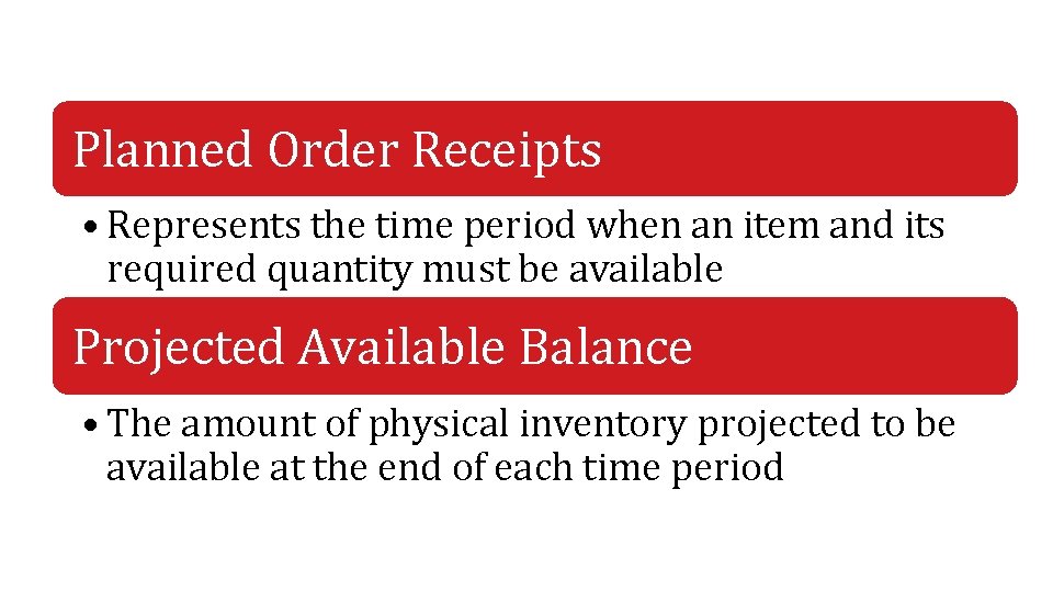 Planned Order Receipts • Represents the time period when an item and its required