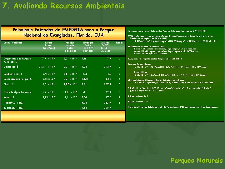 7. Avaliando Recursos Ambientais Principais Entradas de EMERGIA para o Parque Nacional de Everglades,