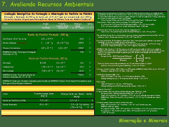 7. Avaliando Recursos Ambientais Avaliação Emergética da Formação e Mineração de Fosfato na Flórida