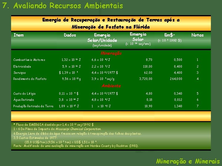 7. Avaliando Recursos Ambientais Emergia de Recuperação e Restauração de Terras após a Mineração