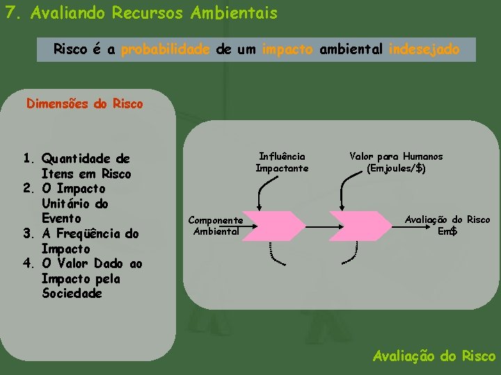 7. Avaliando Recursos Ambientais Risco é a probabilidade de um impacto ambiental indesejado Dimensões