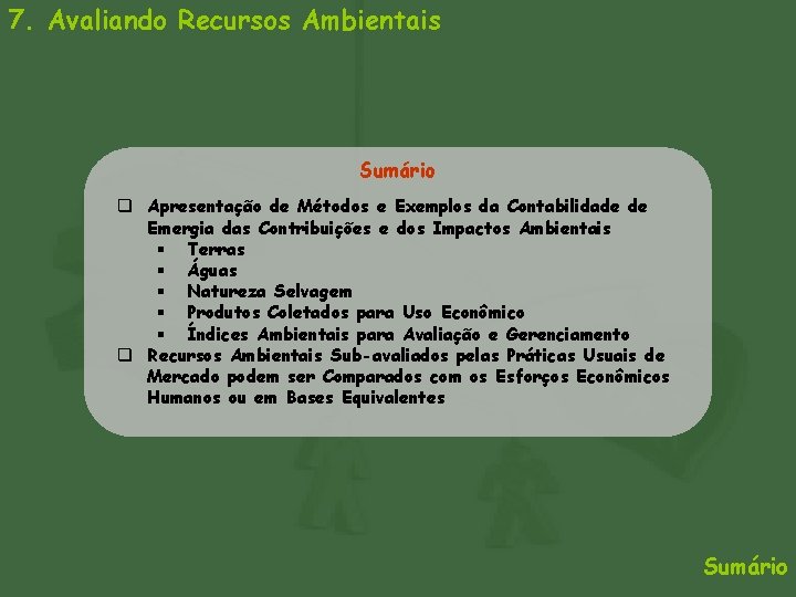 7. Avaliando Recursos Ambientais Sumário q Apresentação de Métodos e Exemplos da Contabilidade de