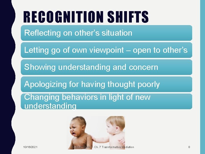 RECOGNITION SHIFTS Reflecting on other’s situation Letting go of own viewpoint – open to
