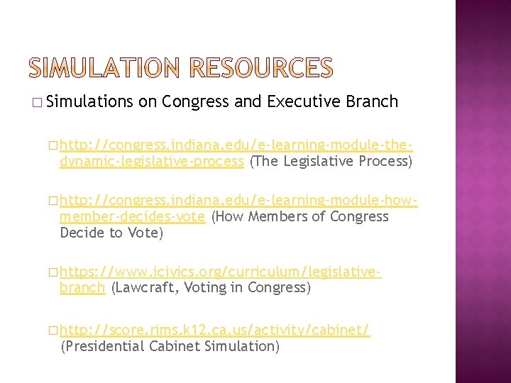 � Simulations on Congress and Executive Branch � http: //congress. indiana. edu/e-learning-module-the- dynamic-legislative-process (The
