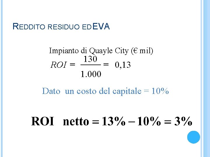 REDDITO RESIDUO ED EVA Impianto di Quayle City (€ mil) ROI = 130 1.