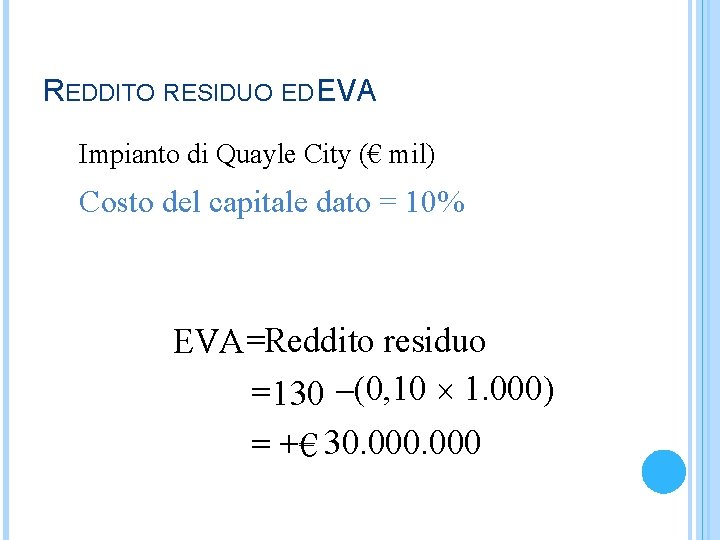 REDDITO RESIDUO ED EVA Impianto di Quayle City (€ mil) Costo del capitale dato