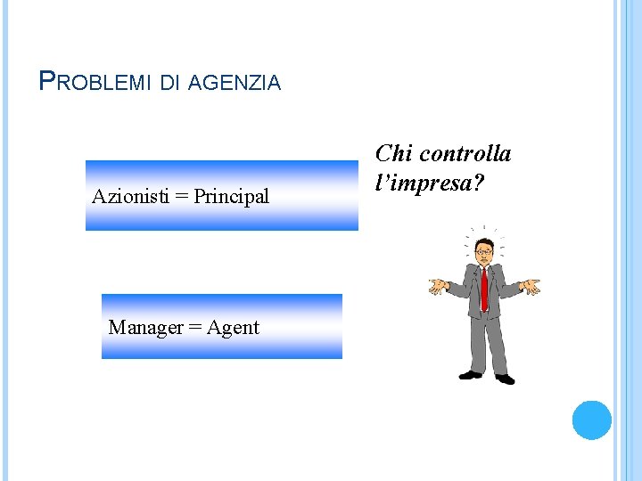 PROBLEMI DI AGENZIA Azionisti = Principal Manager = Agent Chi controlla l’impresa? 