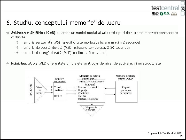 6. Studiul conceptului memoriei de lucru 8 Atkinson şi Shiffrin (1968) au creat un