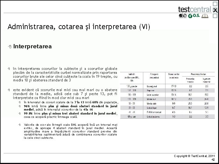 Administrarea, cotarea și interpretarea (VI) 8 Interpretarea 8 în interpretarea scorurilor la subteste şi