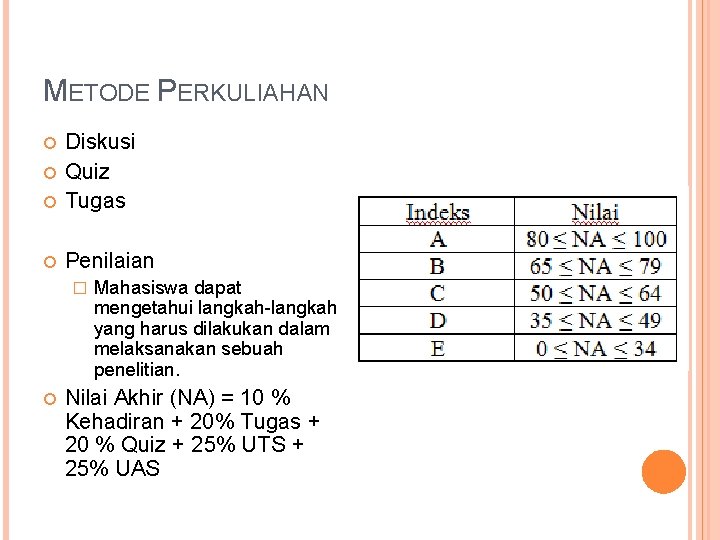 METODE PERKULIAHAN Diskusi Quiz Tugas Penilaian � Mahasiswa dapat mengetahui langkah-langkah yang harus dilakukan