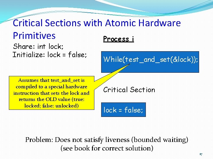 Critical Sections with Atomic Hardware Primitives Process i Share: int lock; Initialize: lock =