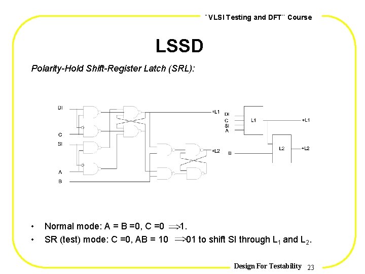 , , VLSI Testing and DFT Course LSSD Polarity-Hold Shift-Register Latch (SRL): • •