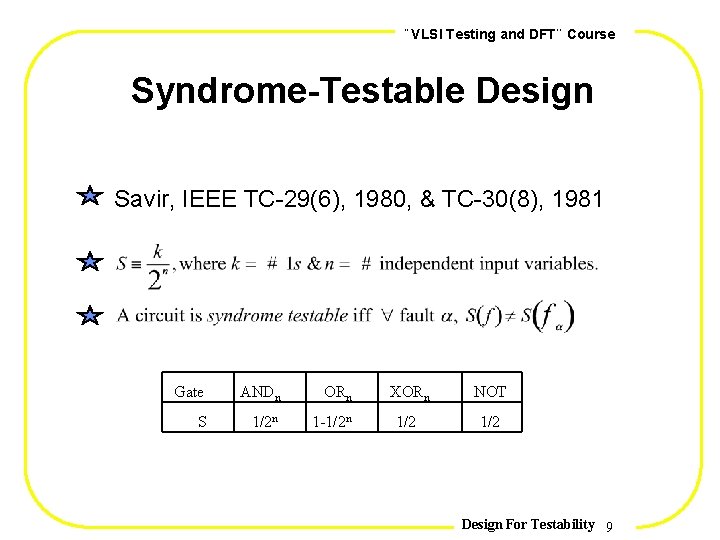 , , VLSI Testing and DFT Course Syndrome-Testable Design Savir, IEEE TC-29(6), 1980, &