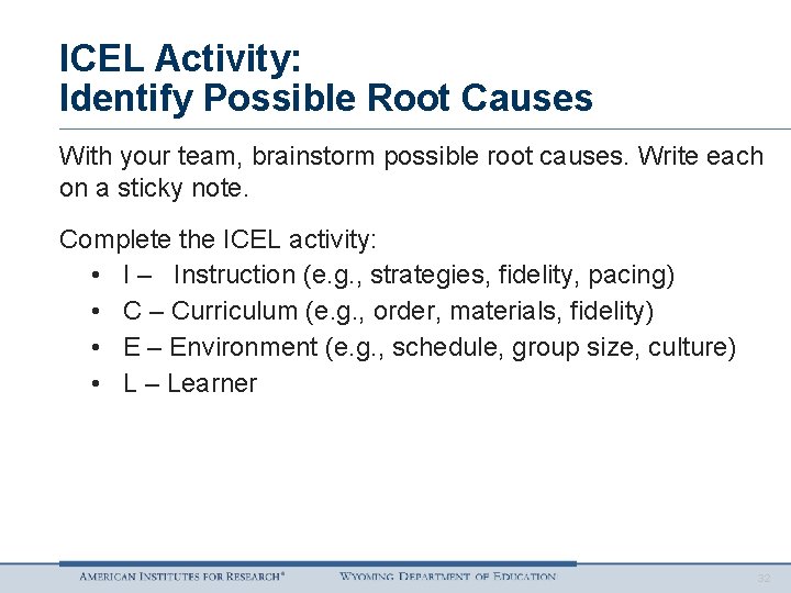 ICEL Activity: Identify Possible Root Causes With your team, brainstorm possible root causes. Write