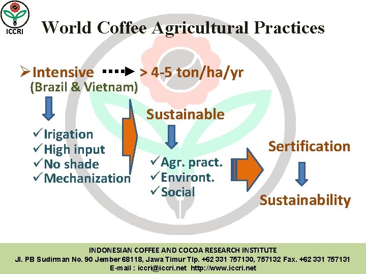 ICCRI World Coffee Agricultural Practices ØIntensive (Brazil & Vietnam) > 4 -5 ton/ha/yr Sustainable