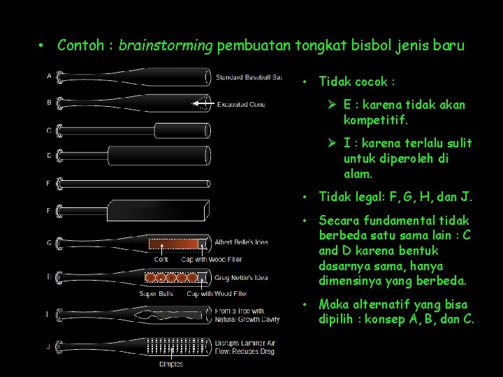  • Contoh : brainstorming pembuatan tongkat bisbol jenis baru • Tidak cocok :