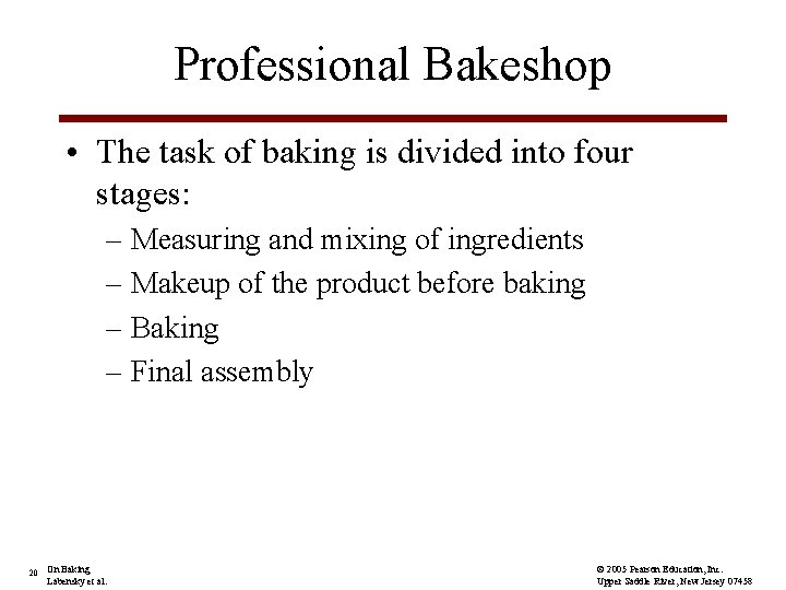 Professional Bakeshop • The task of baking is divided into four stages: – Measuring