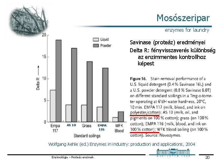 Mosószeripar enzymes for laundry Savinase (proteáz) eredményei Delta R: fényvisszaverés különbség az enzimmentes kontrollhoz