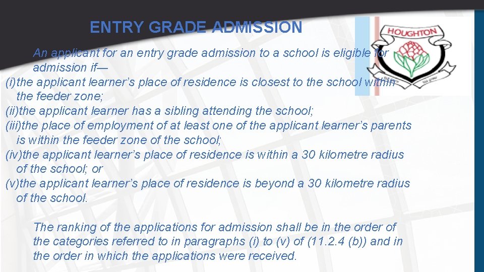 ENTRY GRADE ADMISSION An applicant for an entry grade admission to a school is