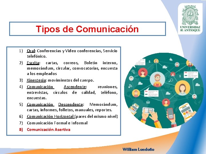 Tipos de Comunicación 1) Oral: Conferencias y Video conferencias, Servicio telefónico. 2) Escrita: cartas,