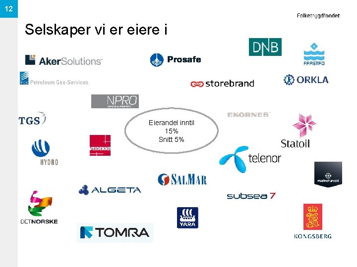 12 Selskaper vi er eiere i Eierandel inntil 15% Snitt 5% 