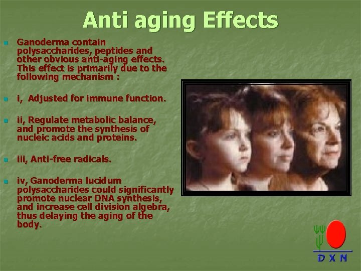 Anti aging Effects n n n Ganoderma contain polysaccharides, peptides and other obvious anti-aging