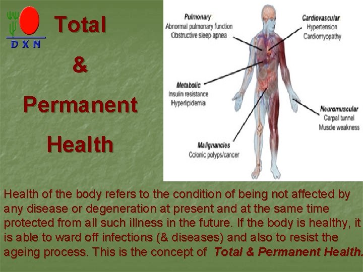 Total & Permanent Health of the body refers to the condition of being not
