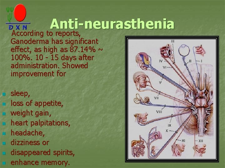 Anti-neurasthenia According to reports, Ganoderma has significant effect, as high as 87. 14% ~