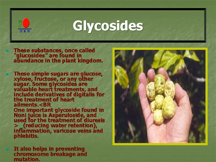 Glycosides n n n These substances, once called “glucosides” are found in abundance in