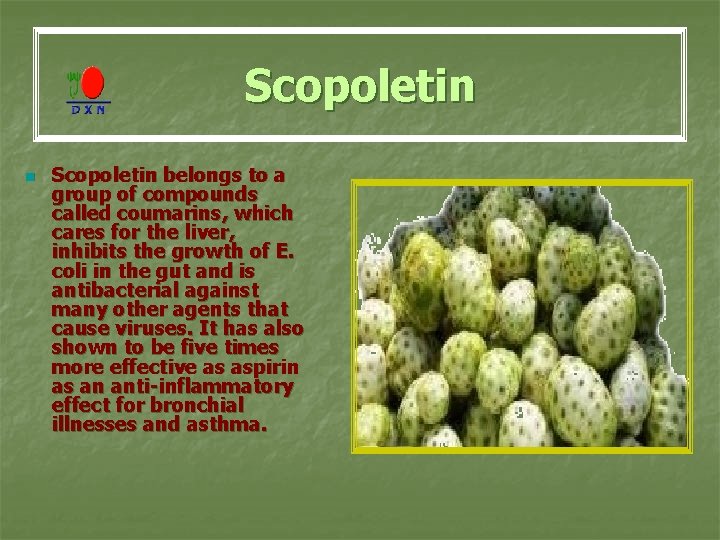 Scopoletin n Scopoletin belongs to a group of compounds called coumarins, which cares for
