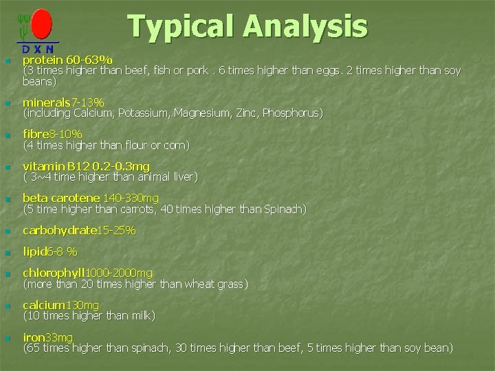 Typical Analysis n protein 60 -63% (3 times higher than beef, fish or pork.