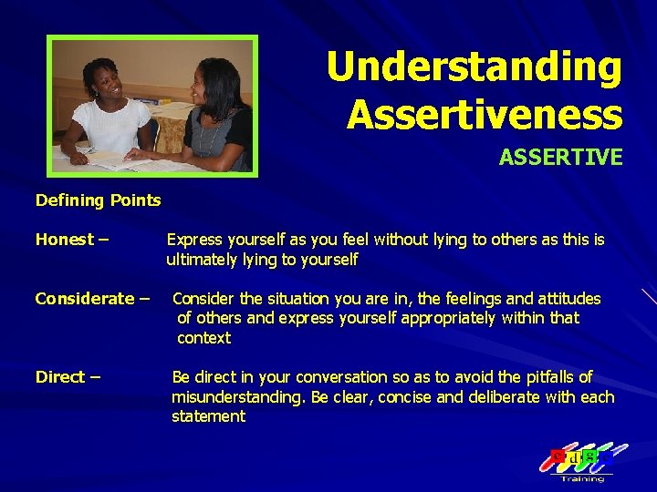 Understanding Assertiveness ASSERTIVE Defining Points Honest – Express yourself as you feel without lying