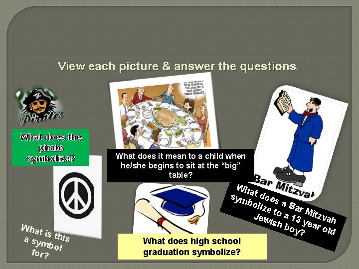 View each picture & answer the questions. What does the pirate symbolize? Wha t