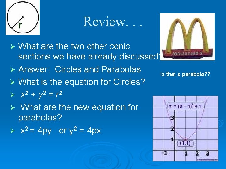 Review. . . What are the two other conic sections we have already discussed?