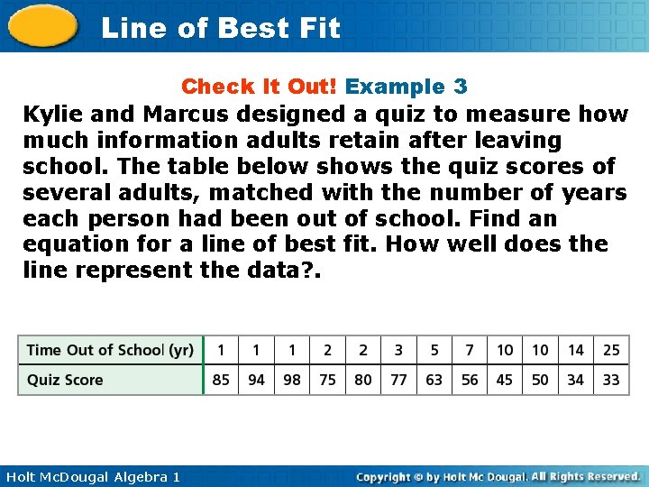 Line of Best Fit Check It Out! Example 3 Kylie and Marcus designed a