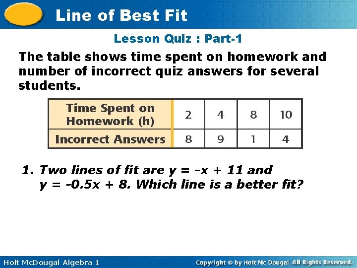 Line of Best Fit Lesson Quiz : Part-1 The table shows time spent on