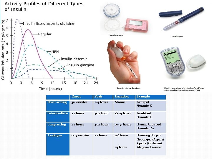 Onset Peak Duration Example Short-acting 30 minutes 2 -4 hours 8 hours Actrapid Humulin