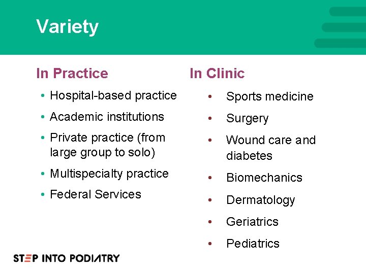Variety In Practice In Clinic • Hospital-based practice • Sports medicine • Academic institutions