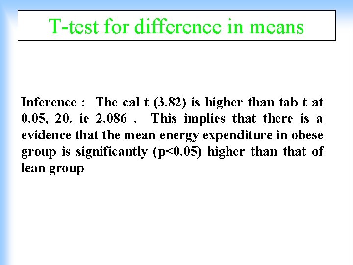T-test for difference in means Inference : The cal t (3. 82) is higher