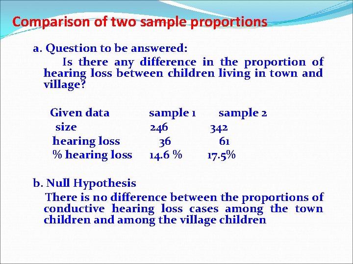 Comparison of two sample proportions a. Question to be answered: Is there any difference