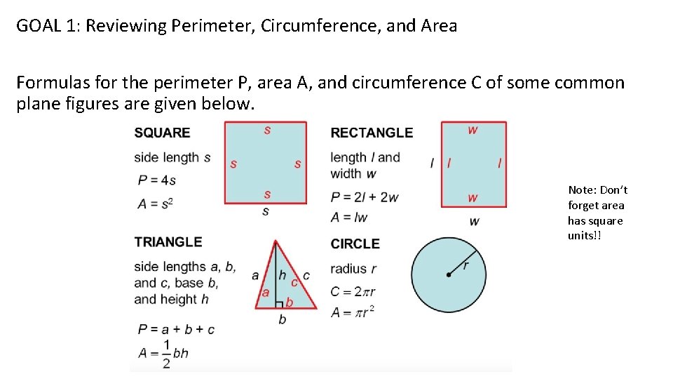 GOAL 1: Reviewing Perimeter, Circumference, and Area Formulas for the perimeter P, area A,