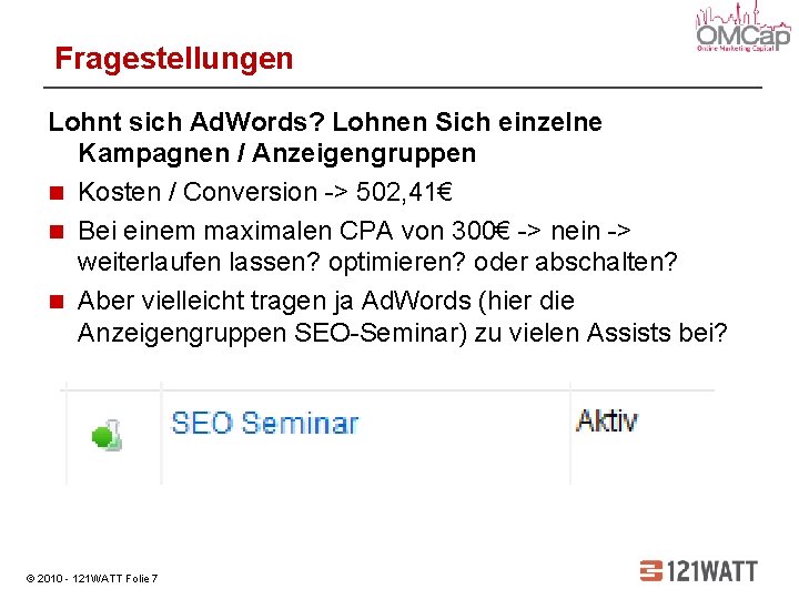 Fragestellungen Lohnt sich Ad. Words? Lohnen Sich einzelne Kampagnen / Anzeigengruppen Kosten / Conversion