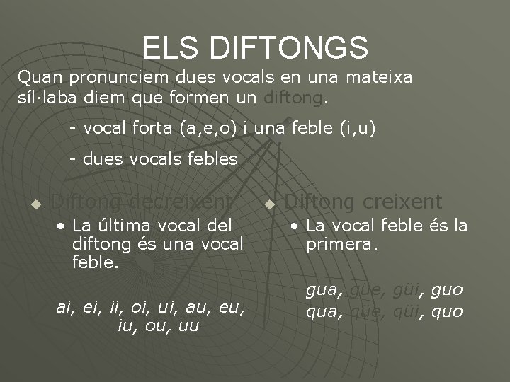 ELS DIFTONGS Quan pronunciem dues vocals en una mateixa síl·laba diem que formen un