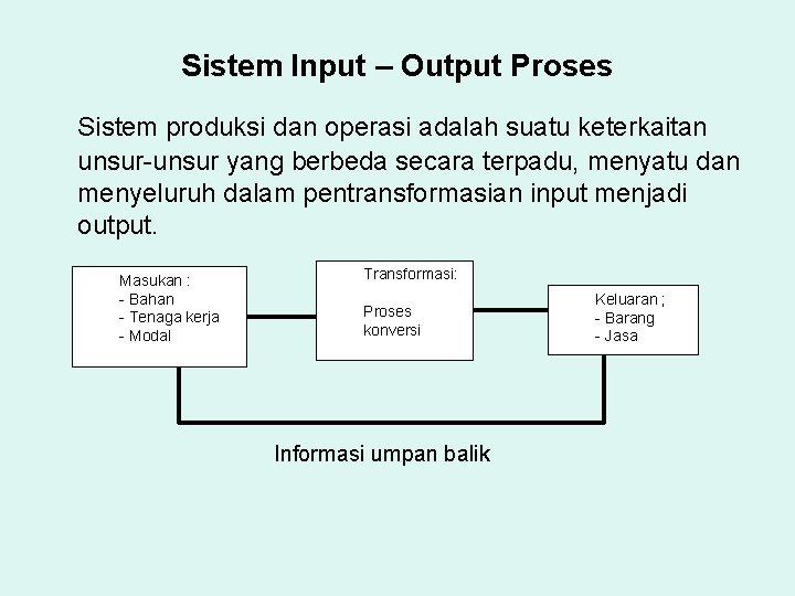 Sistem Input – Output Proses Sistem produksi dan operasi adalah suatu keterkaitan unsur-unsur yang