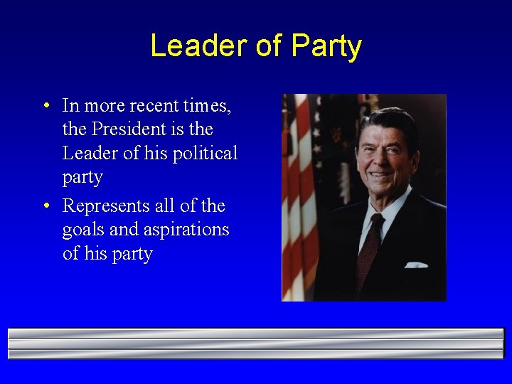 Leader of Party • In more recent times, the President is the Leader of