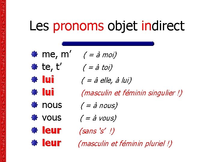 Les pronoms objet indirect me, m’ te, t’ lui nous vous leur ( = Les pronoms objet indirect me, m’ te, t’ lui nous vous leur ( =
