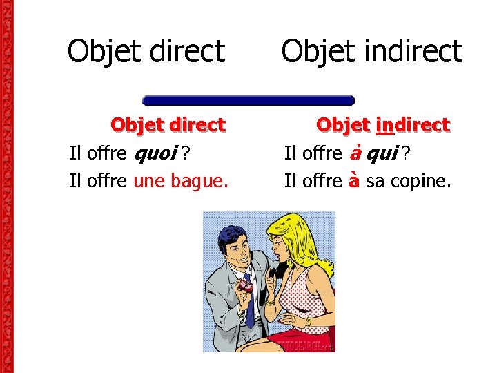 Objet direct Objet indirect Objet direct Il offre quoi ? Il offre une bague. Objet direct Objet indirect Objet direct Il offre quoi ? Il offre une bague.